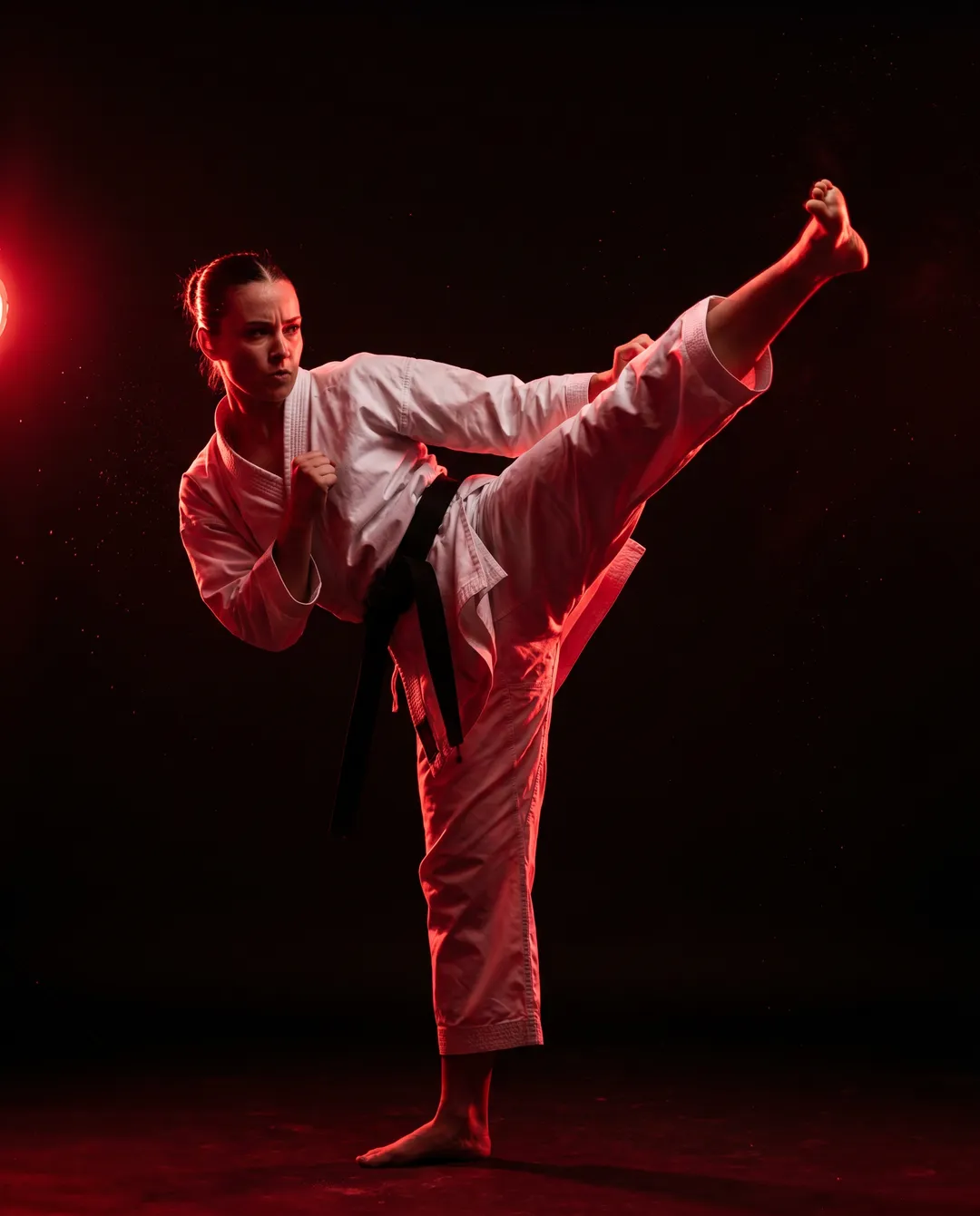 Karatéka en kimono blanc exécutant un kata, lumière rouge dramatique